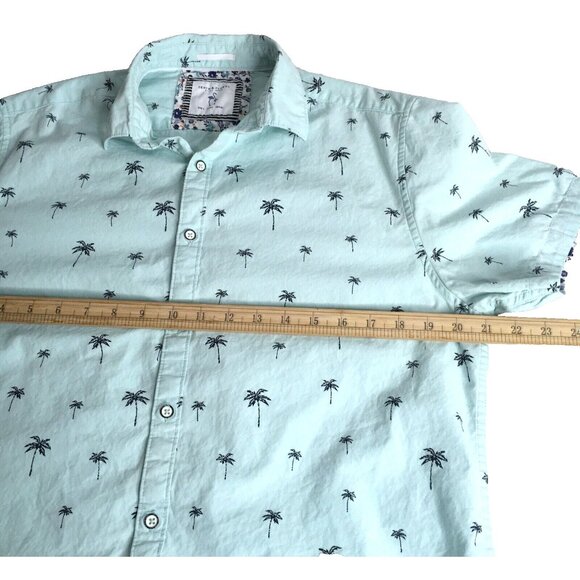 Denim & Flower Mens L Short Sleeve Button Down Shirt Baby Blue Palm Tree Print - Picture 8 of 13